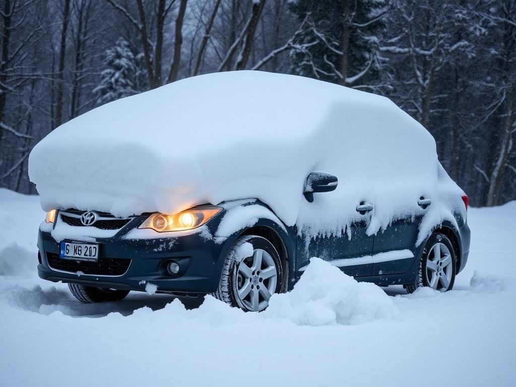 The car is crushed by a block of snow. The car is crushed by a block of snow.фото